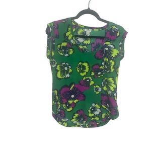J Crew petite size 0 green floral blouse top (i1)